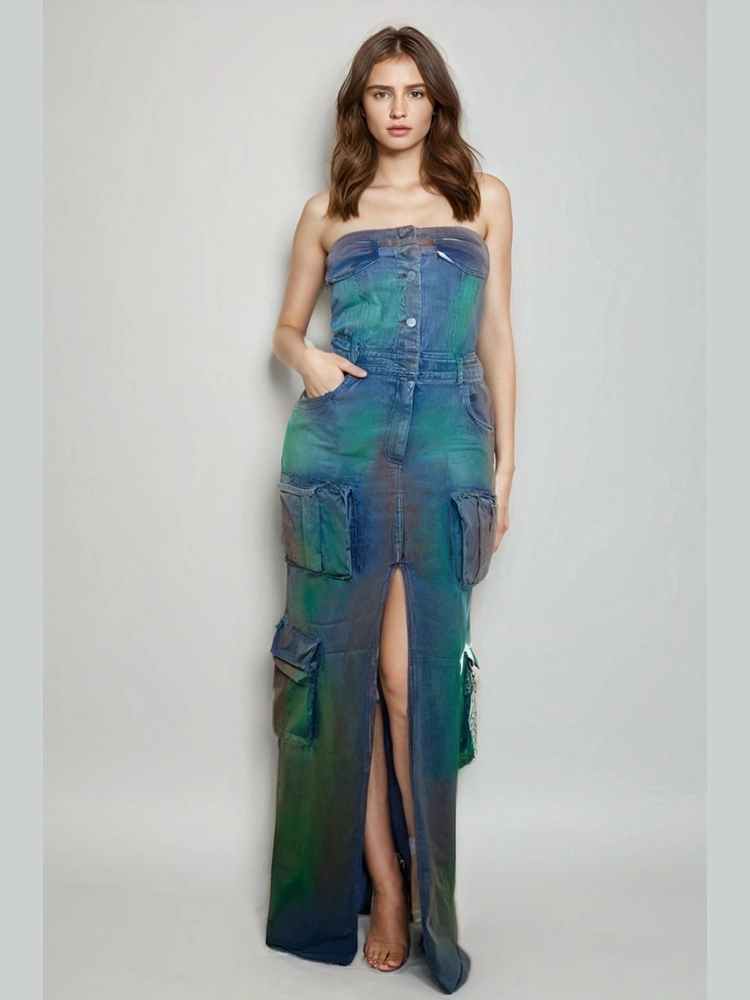 TWOTWINSTYLE Patchwork Pockets Casual Denim Sleeveless Off Shoulder Dress