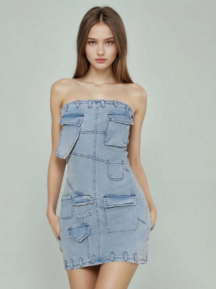 TWOTWINMSTYLE  Pocket Denim Strapless Dress