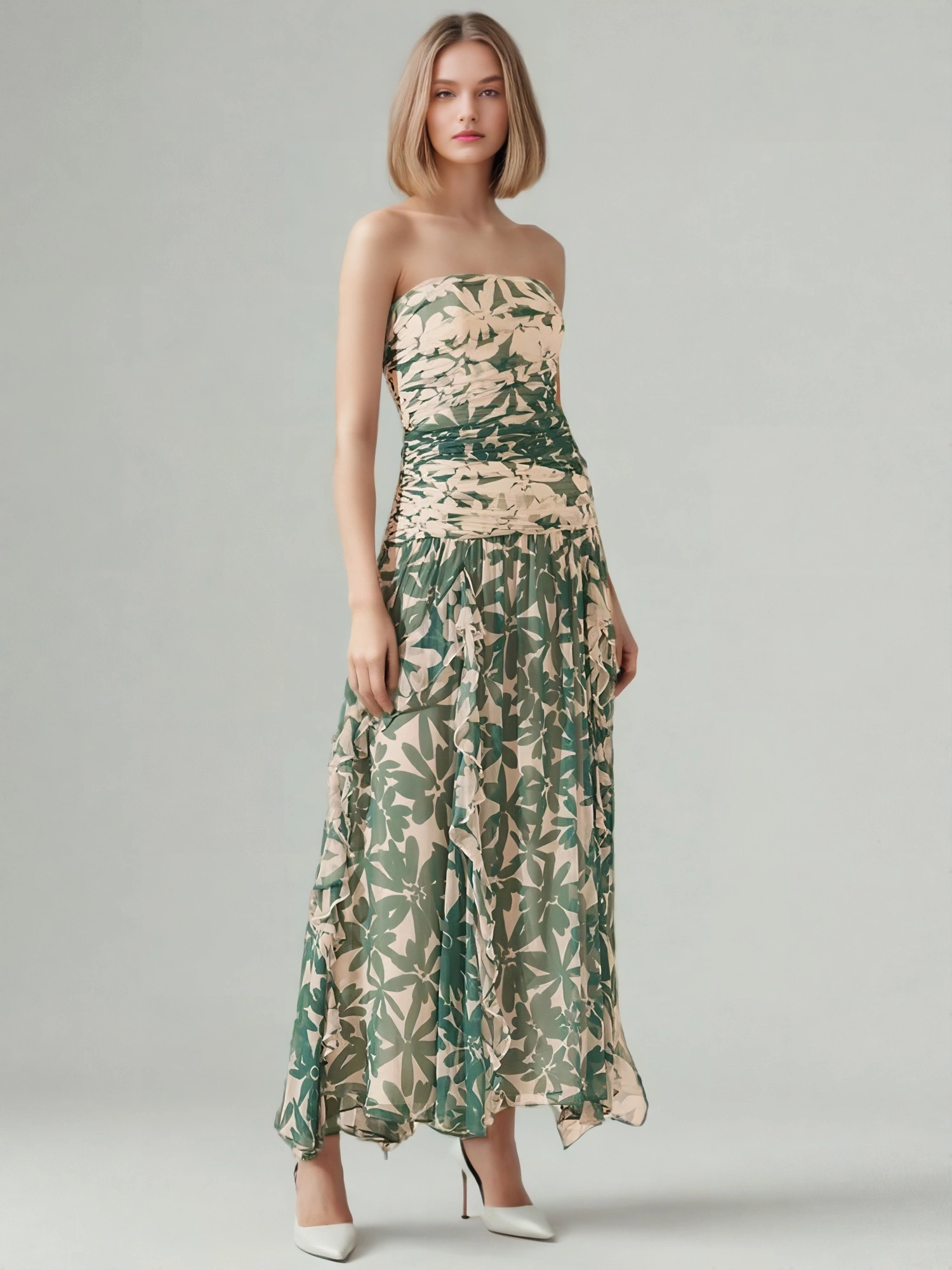 TWOTWINMSTYLE Green Strapless Printing Dresses