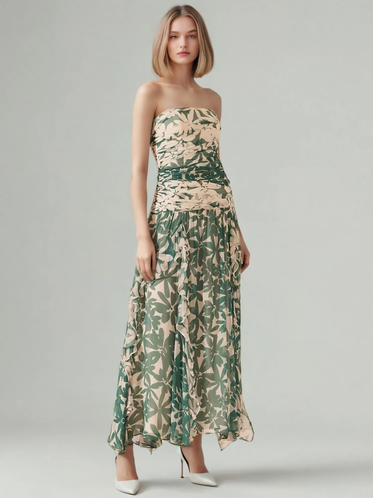 TWOTWINMSTYLE Green Strapless Printing Dresses