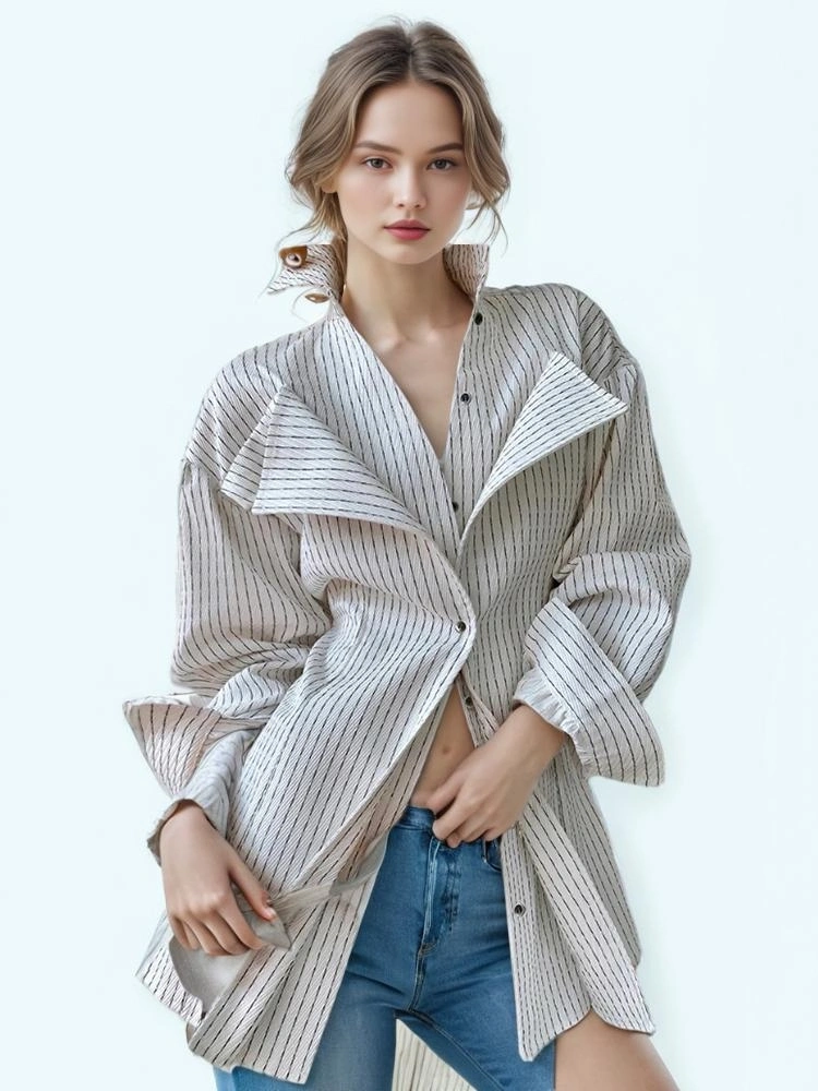 TWOTWINSTYLE Striped Long Sleeve Patchwork Blouse