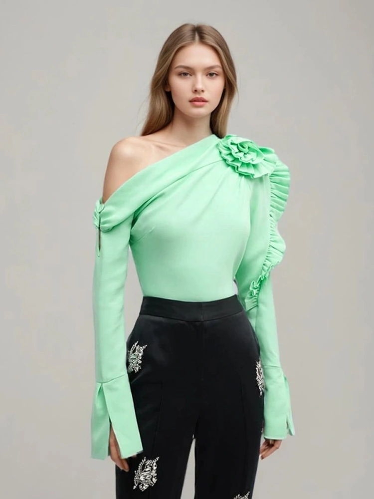 Diagonal Collar Ruffle Long Sleeve Shirt