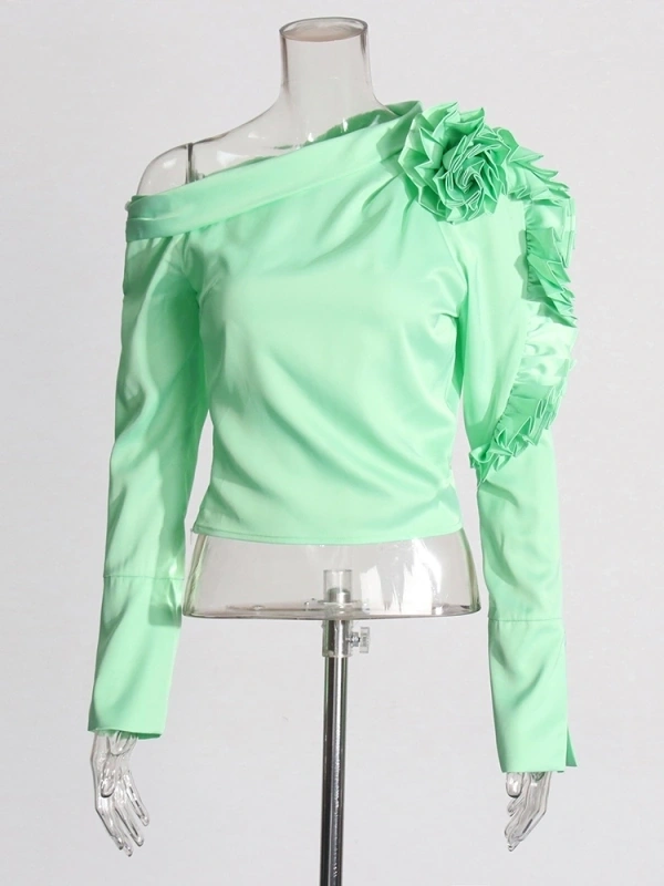 Diagonal Collar Ruffle Long Sleeve Shirt