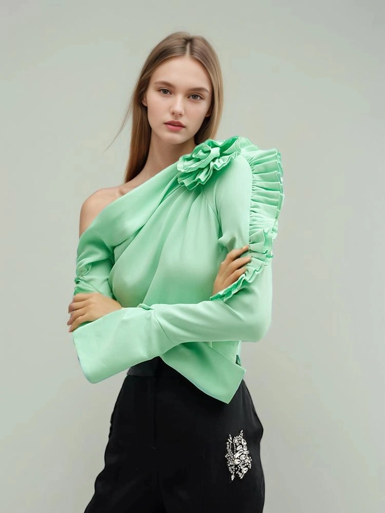 Diagonal Collar Ruffle Long Sleeve Shirt