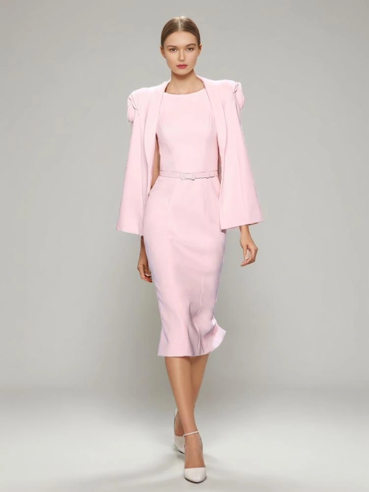 TWOTWINSTYLE Flower Cardigan Shawl Sleeveless Dress Blazer Two Piece Set