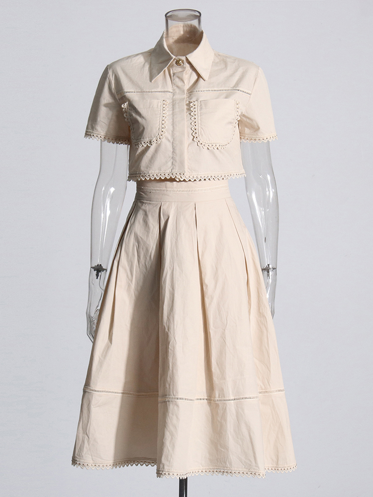 Lapel  Two Piece Sets Short Sleeve Tops With A line