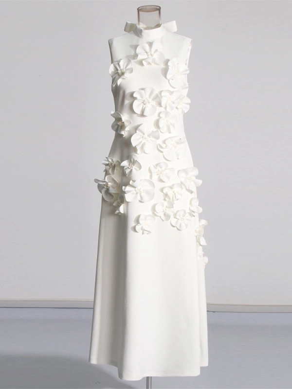 TWOTWINSTYLE Flower High Neckline Design  Sleevelss  Maxi Dress