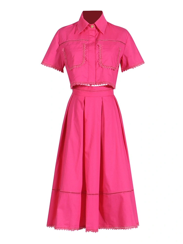 Lapel  Two Piece Sets Short Sleeve Tops With A line