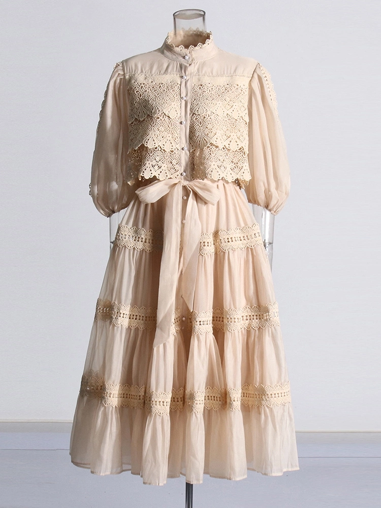 TWOTWINSTYLE Retro Embroidery Long Sleeve Patchwork Waist Maxi Dress