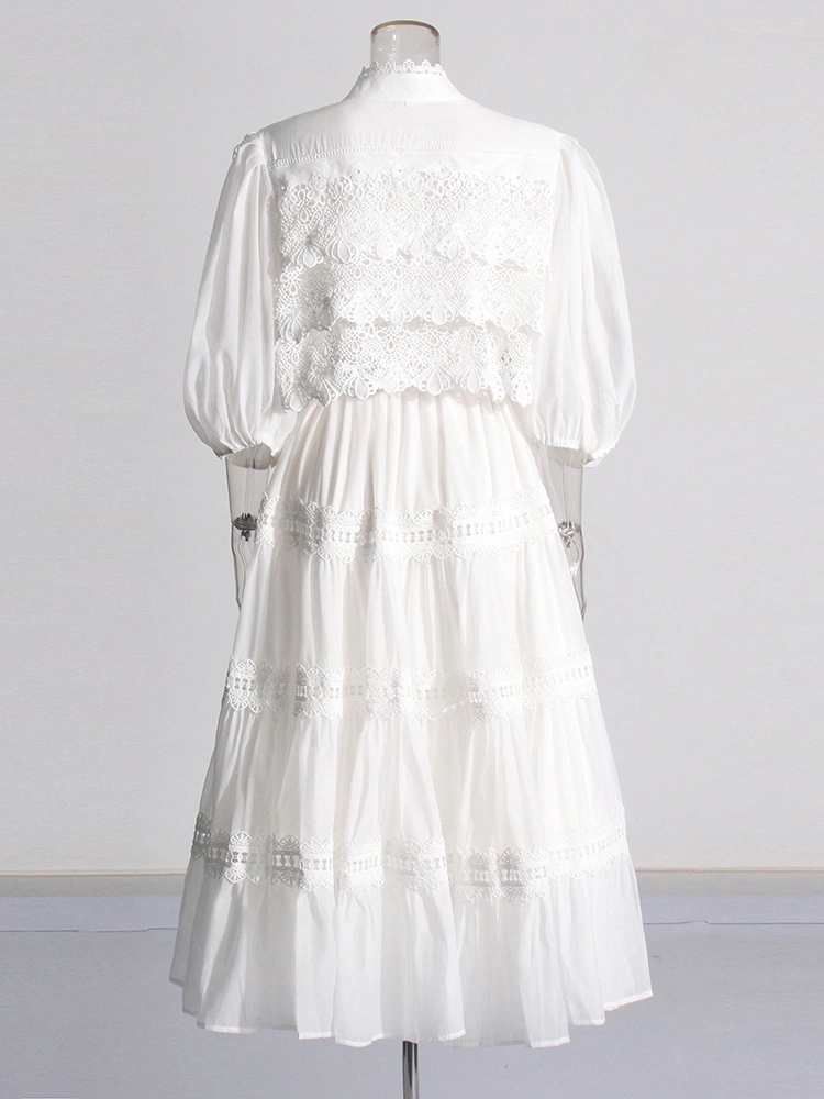 TWOTWINSTYLE Retro Embroidery Long Sleeve Patchwork Waist Maxi Dress