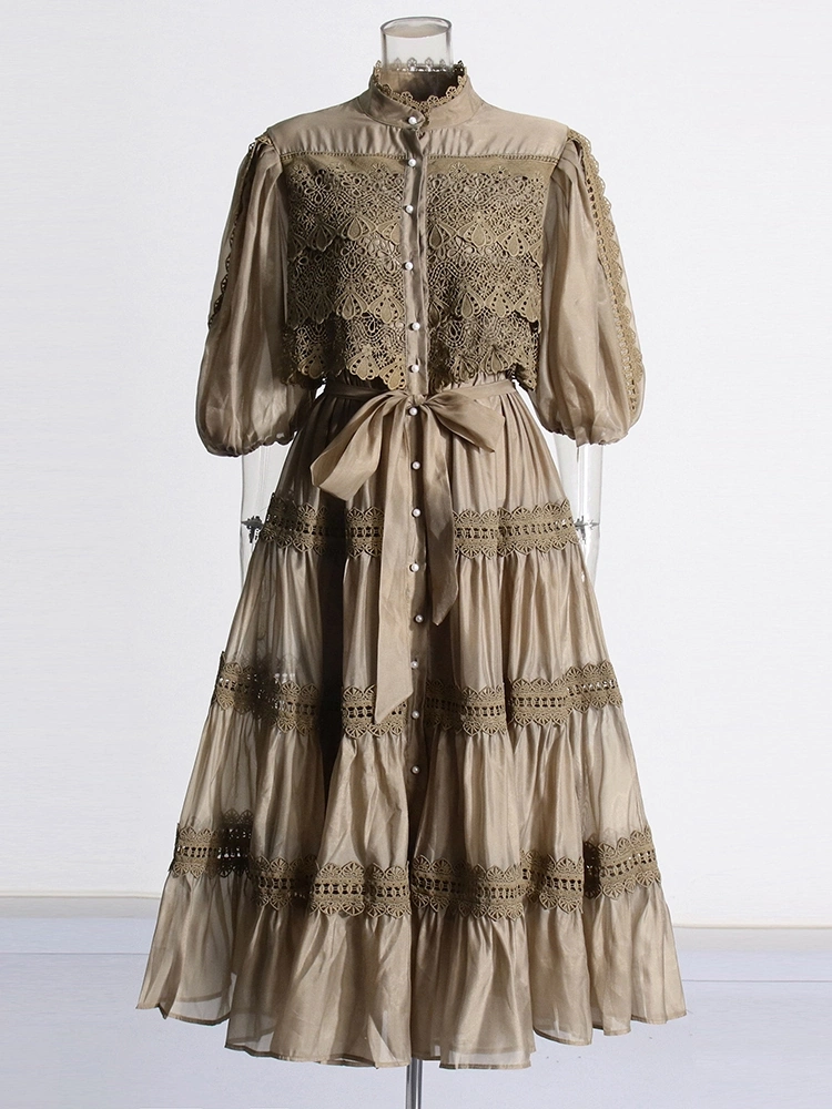 TWOTWINSTYLE Retro Embroidery Long Sleeve Patchwork Waist Maxi Dress