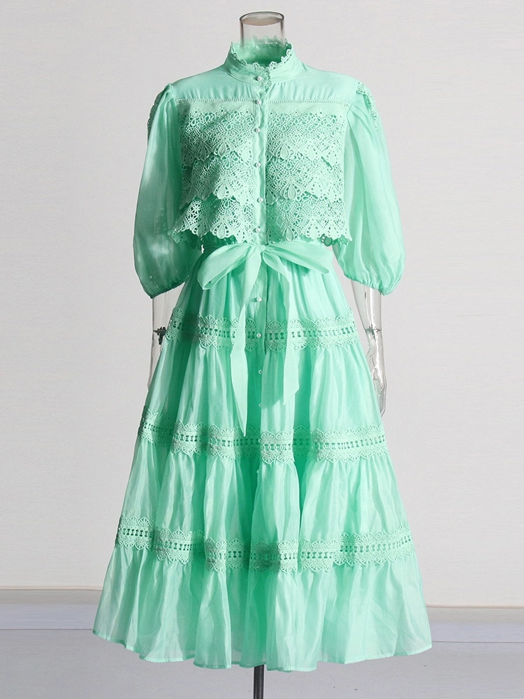 TWOTWINSTYLE Retro Embroidery Long Sleeve Patchwork Waist Maxi Dress