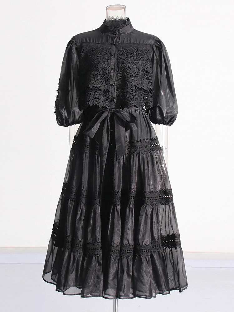 TWOTWINSTYLE Retro Embroidery Long Sleeve Patchwork Waist Maxi Dress