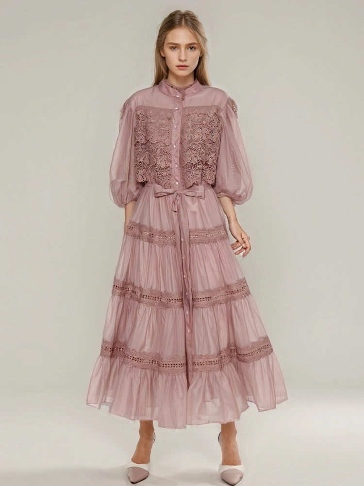 TWOTWINSTYLE Retro Embroidery Long Sleeve Patchwork Waist Maxi Dress