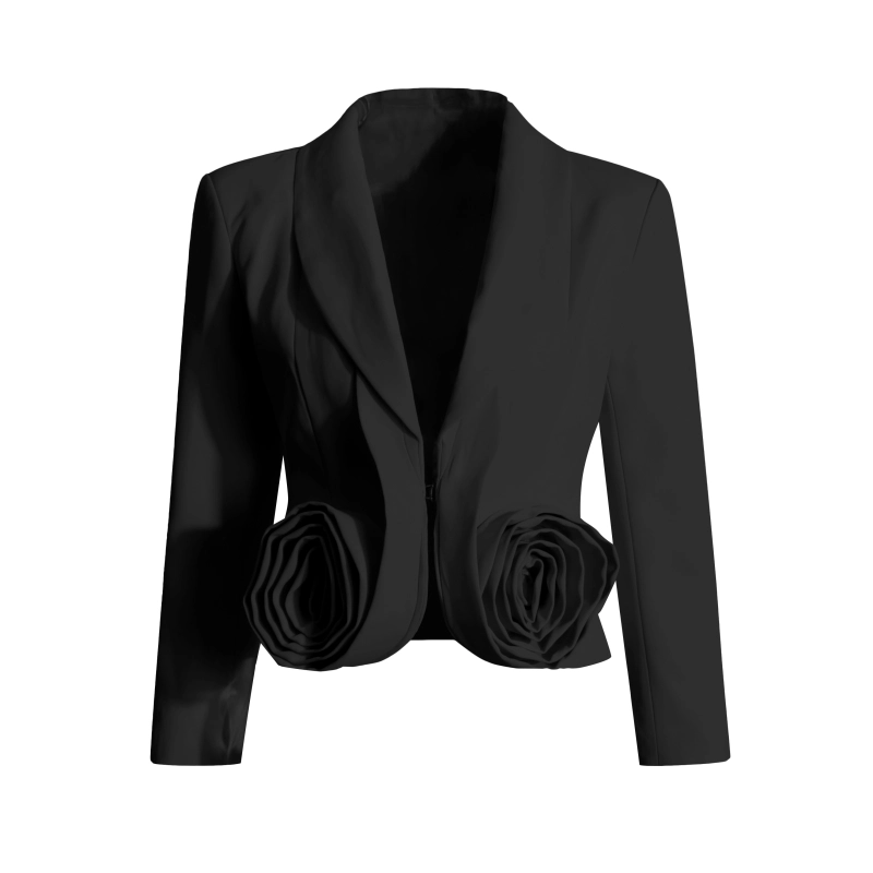 2-Piece Black Set Pink Rose Deep V-neck Bomber Blazer With Pleated Skirt