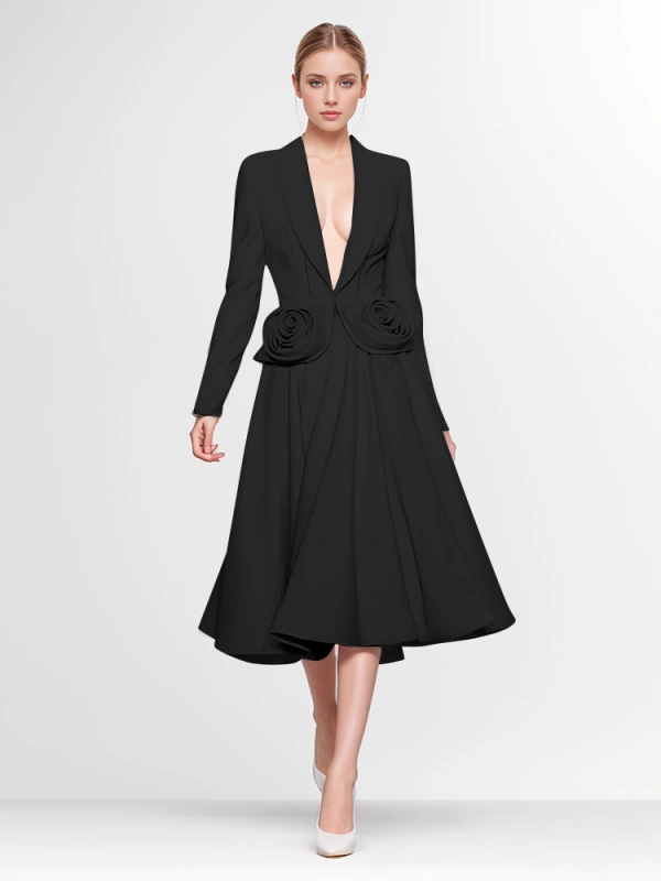 2-Piece Black Set Pink Rose Deep V-neck Bomber Blazer With Pleated Skirt