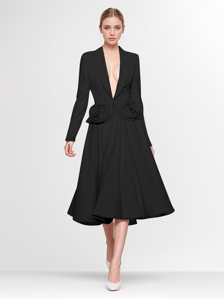 2-Piece Black Set Pink Rose Deep V-neck Bomber Blazer With Pleated Skirt