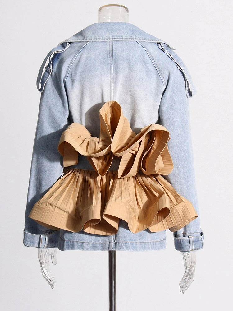 TWOTWINSTYLE Polo Collar Denim Patchwork Ruffled Lace Jacket