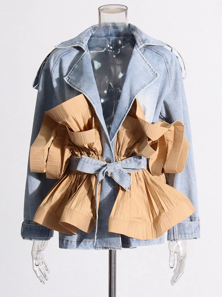 TWOTWINSTYLE Polo Collar Denim Patchwork Ruffled Lace Jacket