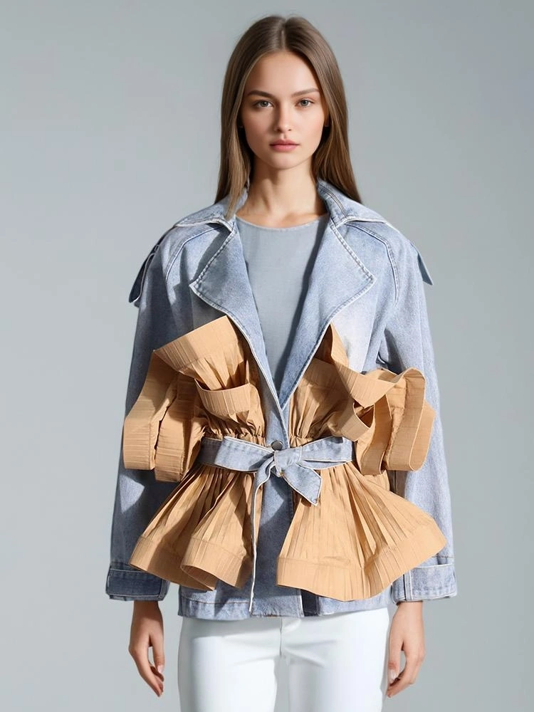 TWOTWINSTYLE Polo Collar Denim Patchwork Ruffled Lace Jacket