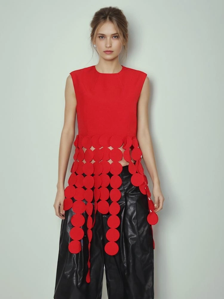 TWOTWINSTYLE Spliced Circular Fringe Design Sleeveless Vest