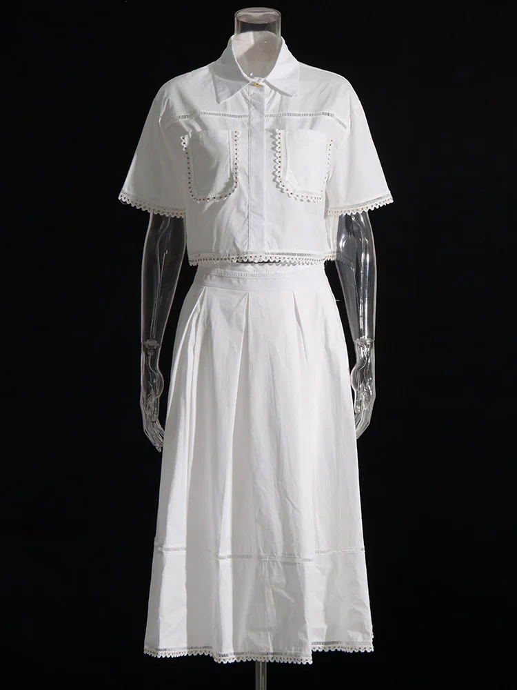 Lapel  Two Piece Sets Short Sleeve Tops With A line