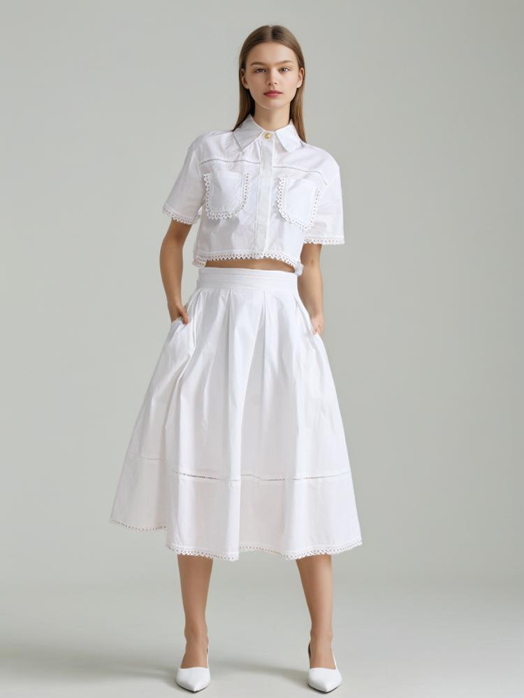 TWOTWINSTYLE Lapel  Two Piece Sets Short Sleeve Tops With A line Skirt