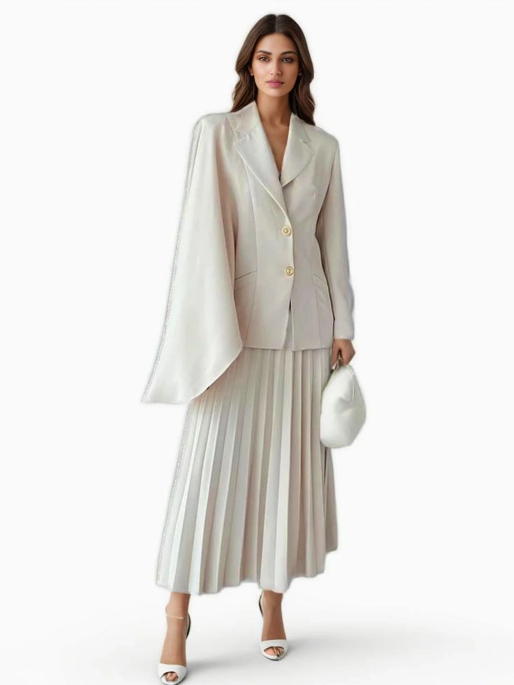Irregular Sleeve  Blazer Pleated Skirt Two Piece