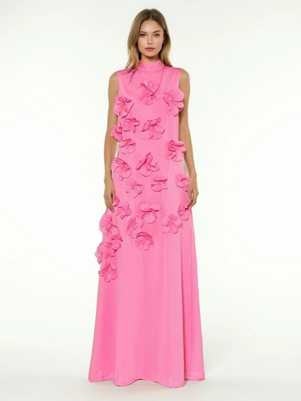 TWOTWINSTYLE Flower High Neckline Design  Sleevelss  Maxi Dress