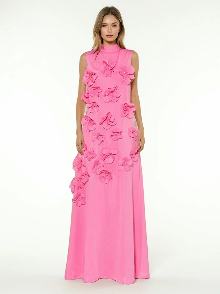 TWOTWINSTYLE Flower High Neckline Design  Sleevelss  Maxi Dress
