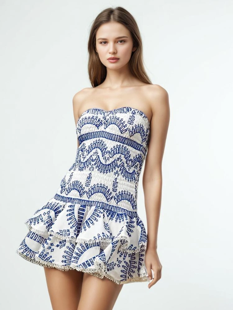 TWOTWINSTYLE Folds Strapless Hollow Out Mini Dress