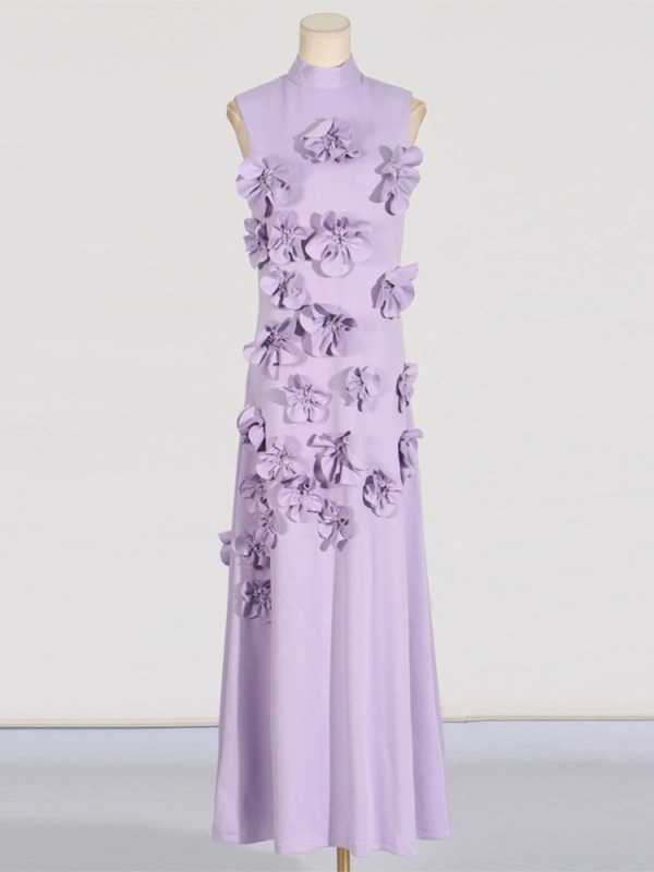TWOTWINSTYLE Flower High Neckline Design  Sleevelss  Maxi Dress