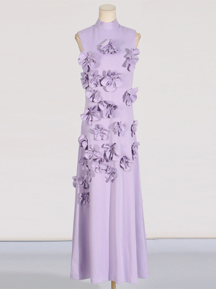 TWOTWINSTYLE Flower High Neckline Design  Sleevelss  Maxi Dress