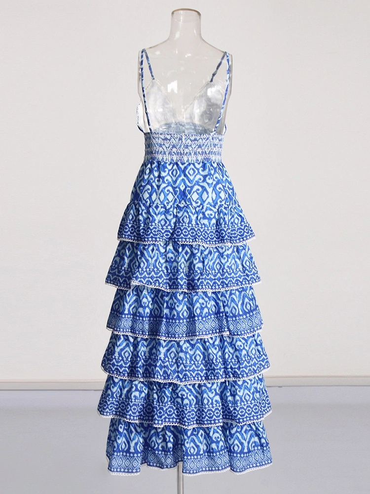TWOTWINSTYLE Backless Printed Ruffle Hem Maxi Dress