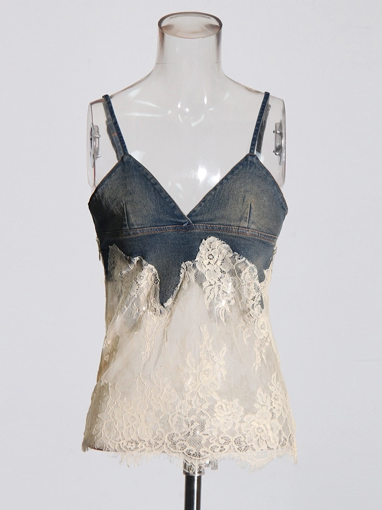 TWOTWINSTYLE Lace Denim Camisole Short Two Piece