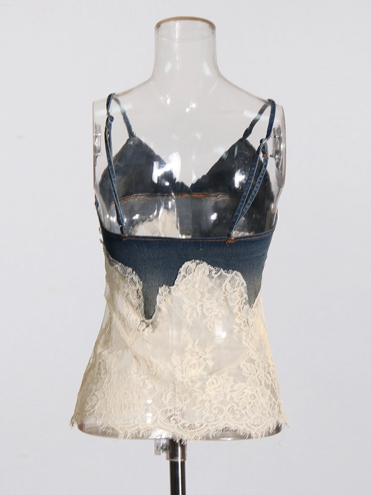 TWOTWINSTYLE Lace Denim Camisole Short Two Piece