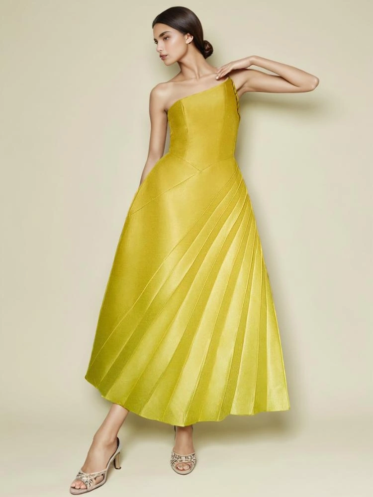 TWOTWINSTYLE Yellow Pleated Single Shoulder Maxi Dress