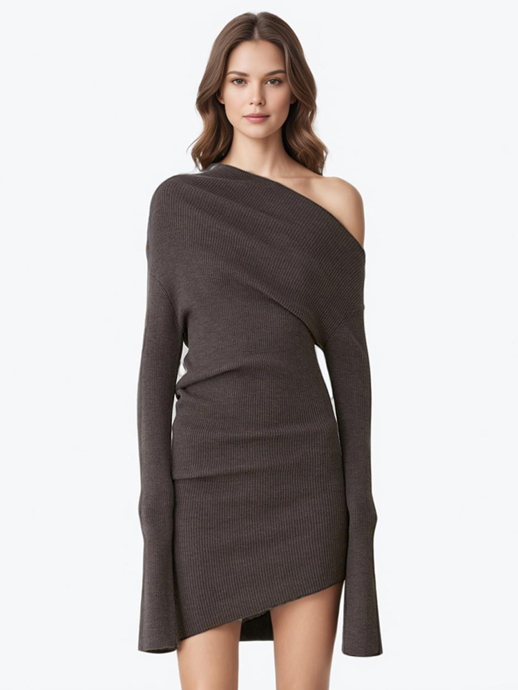 TWOTWINSTYLE Slimming Pullover Dresses Diagonal Collar Long Sleeves