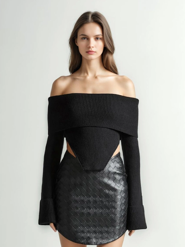 TWOTWINSTYLE Off Shoulder Solid Knitting Sweaters Slash Neck