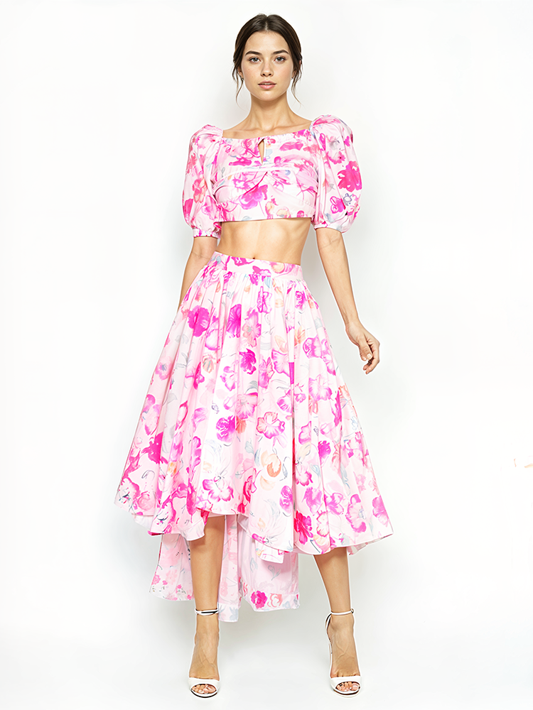 TWOTWINSTYLE Square Neck Bubble Sleeve Printing Two Piece Set New