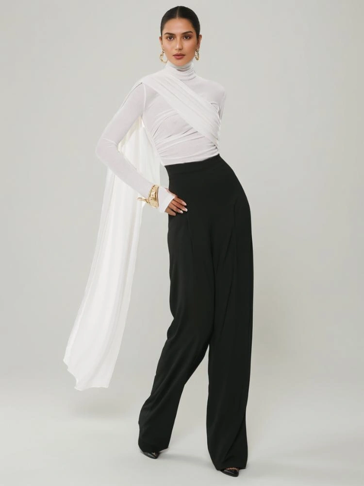 TWOTWINSTYLE Mesh Long Sleeve HIgh Neck T-shirt
