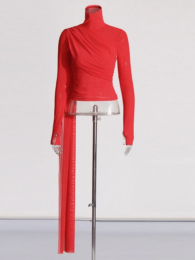 TWOTWINSTYLE Mesh Long Sleeve HIgh Neck T-shirt