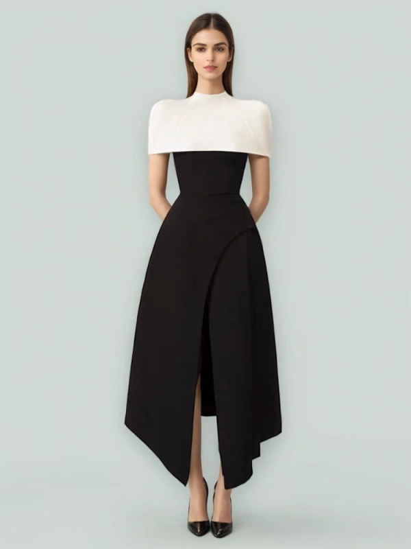 TWOTWINSTYLE Detachable Cape Slit Party Dress