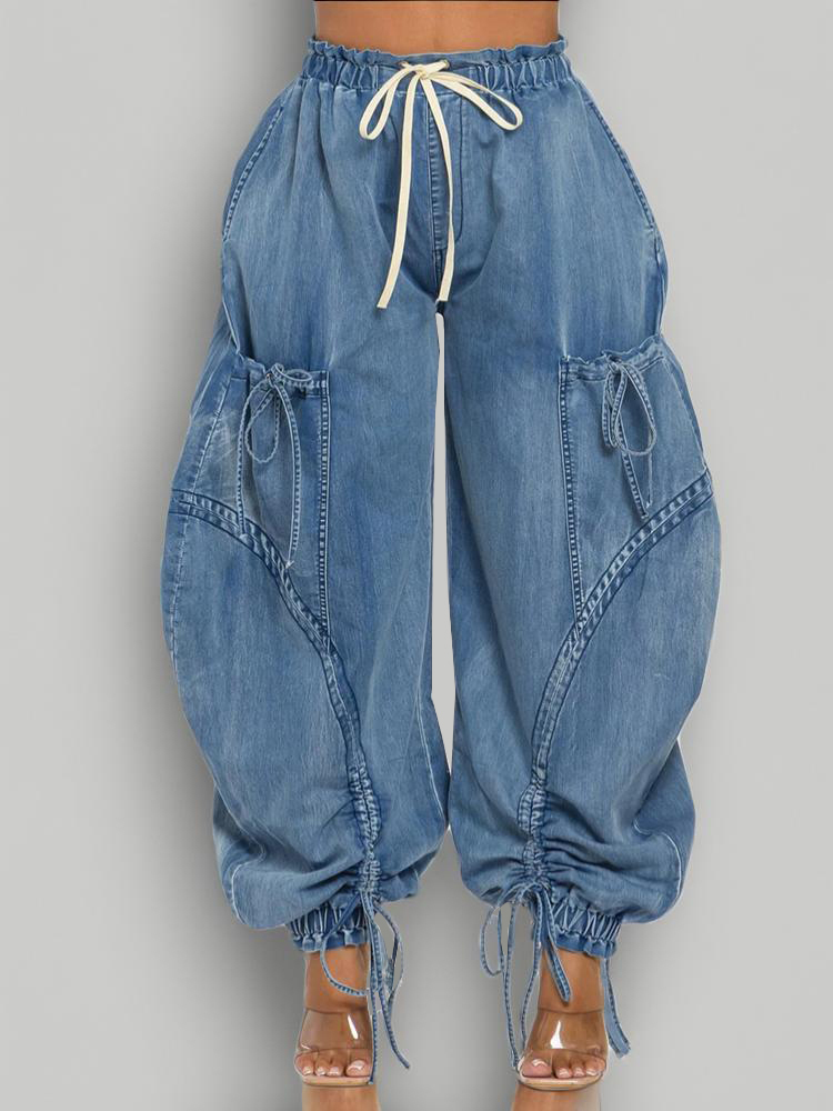 TWOTWINSTYLE Elastic Drawstring Tie Straight Leg Jeans