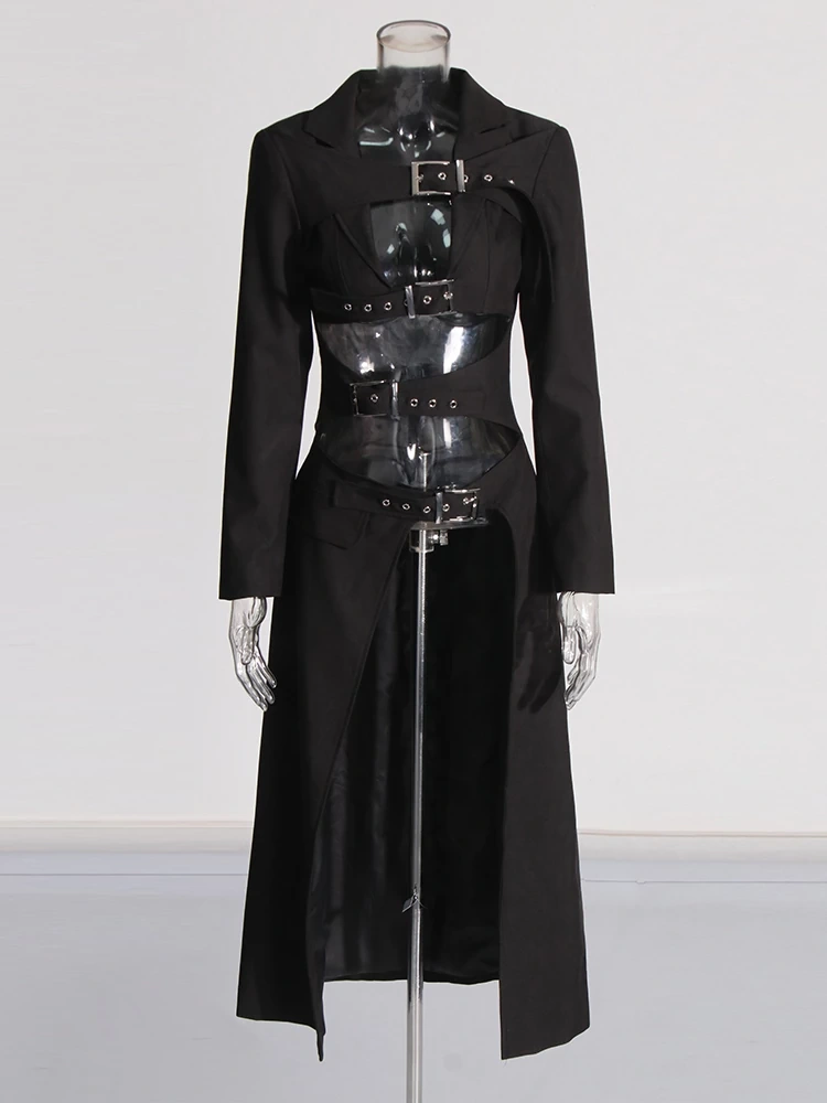 TWOTWINSTYLE Sexy Hollow Waist Metal Bukle Long Jacket
