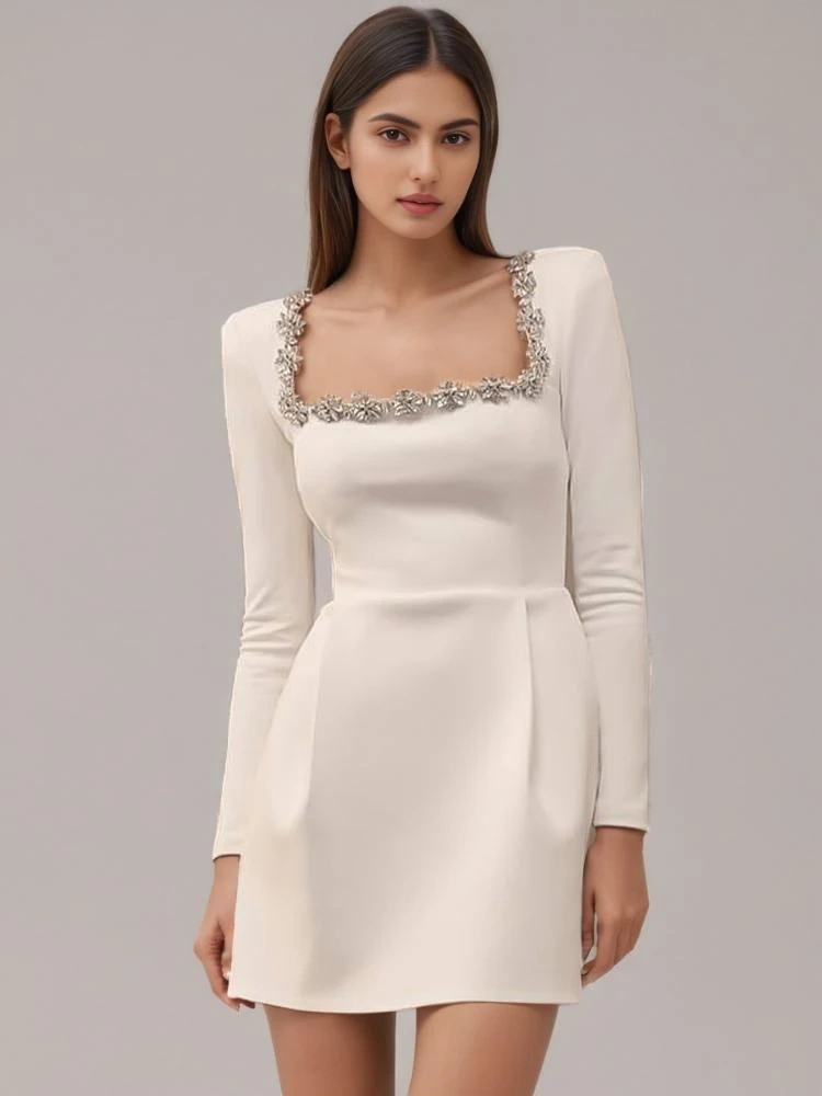 TWOTWINSTYLE Square Collar Long Sleeve Diamonds Mini Dress