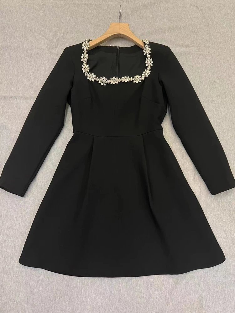 TWOTWINSTYLE Square Collar Long Sleeve Diamonds Mini Dress