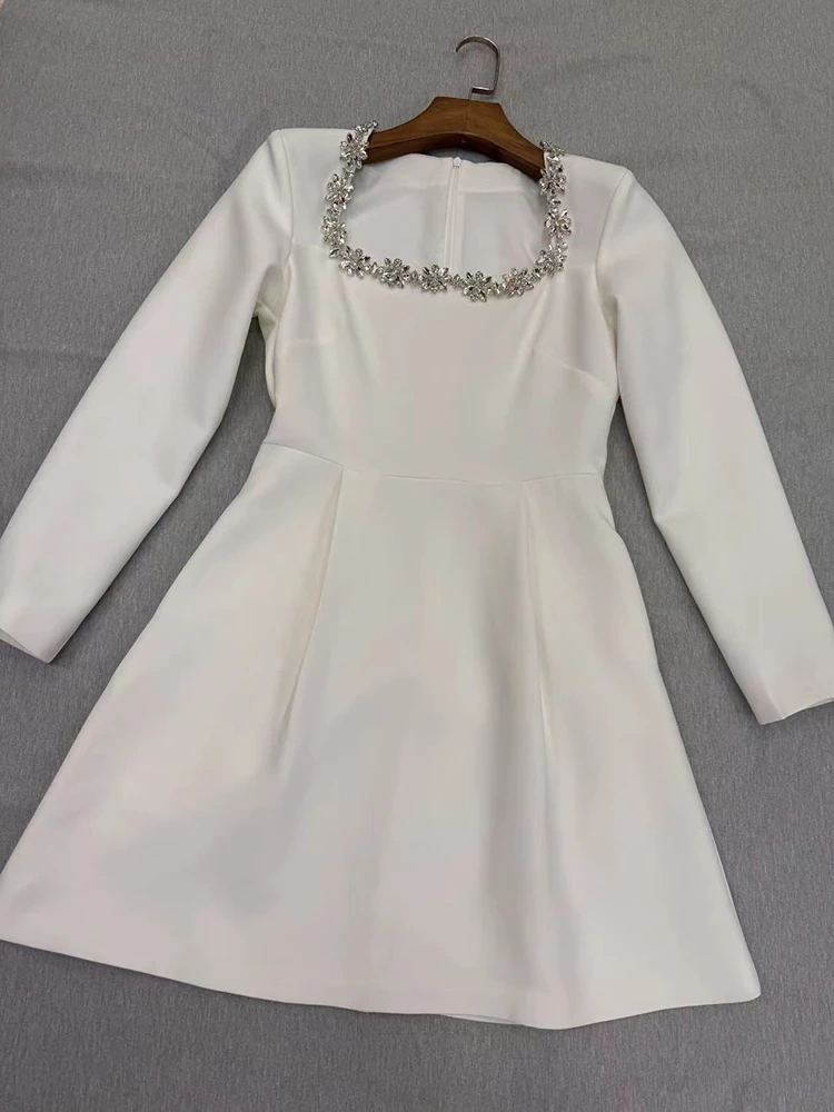 TWOTWINSTYLE Square Collar Long Sleeve Diamonds Mini Dress