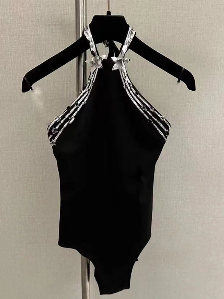 TWOTWINSTYLE Hanging Neck Nail Bead High Waist Jumpsuit