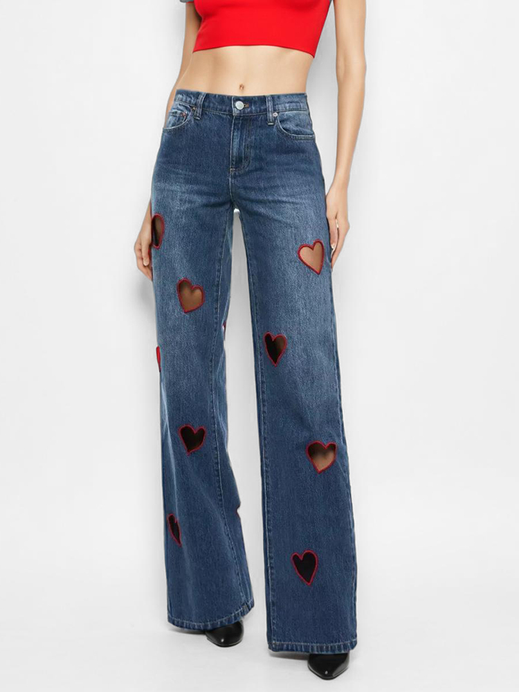 TWOTWINSTYLE Heart Hollow Out Jeans